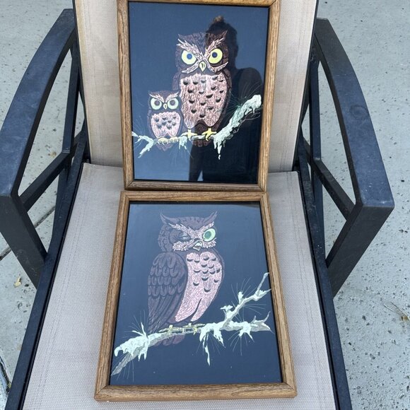 Pair of Framed Vintage Owls on Black Wall Art 15"x12" Retro MCM Home Decor